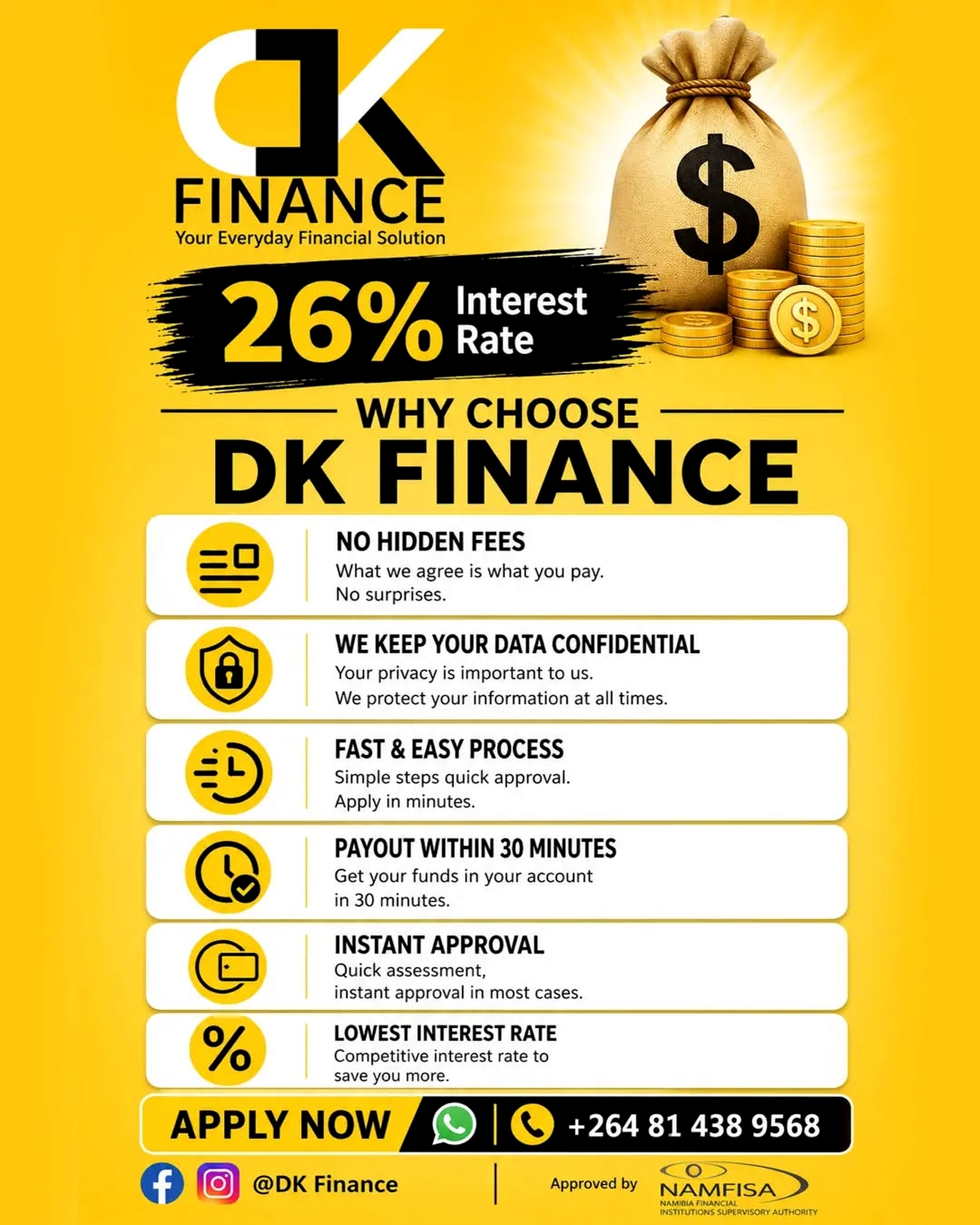 DK Finance promotional offer showing a 26 percent interest rate and reasons to choose DK Finance